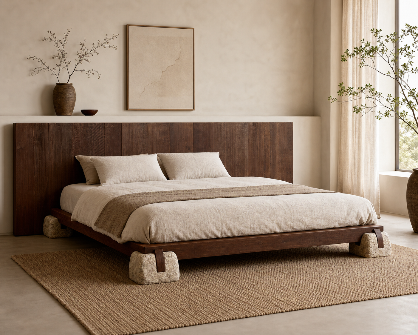 Kai Log Bed Frame, styled bedroom hero showing timber frame and stone-like front supports