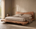 Tadao Solid-Wood Bed Frame, styled bedroom hero showing live-edge timber frame