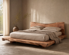 Tadao Solid-Wood Bed Frame, styled bedroom hero showing live-edge timber frame