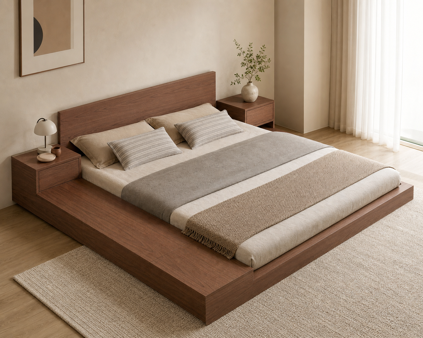 Rei Storage Bed Frame, styled bedroom hero showing low platform and storage modules