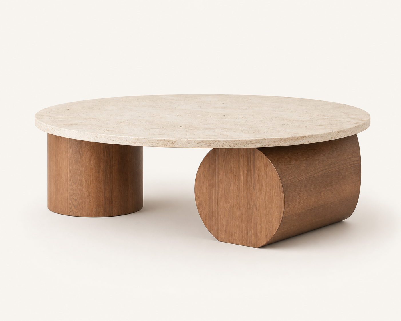 Enso Round Coffee Table, studio hero showing the pale stone top and timber supports