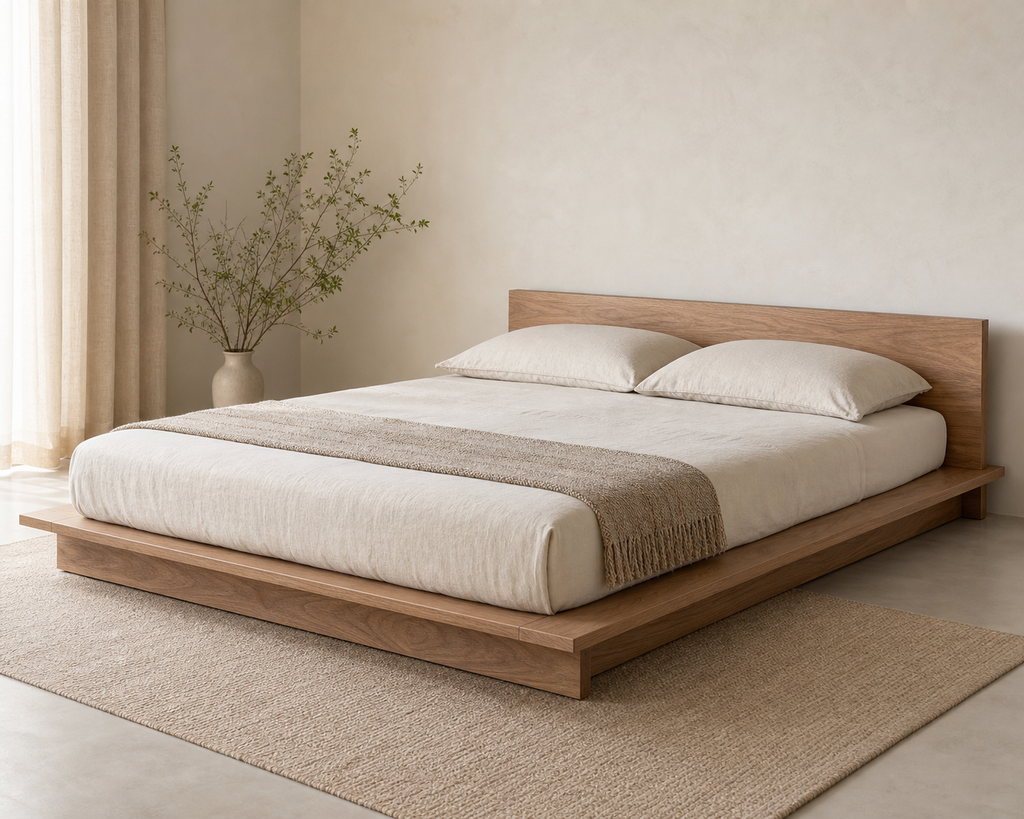 Kiri Solid-Wood Bed Frame, angle view of slim headboard and wood platform