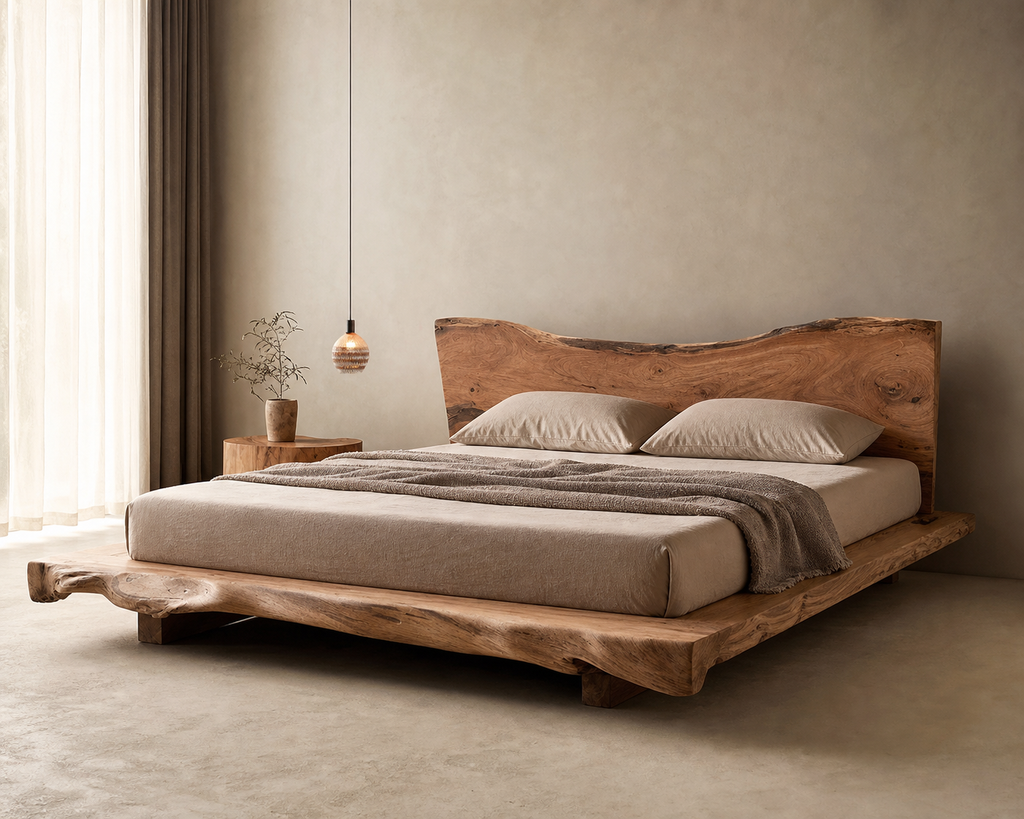 Tadao Solid-Wood Bed Frame, angle view of live-edge headboard and platform
