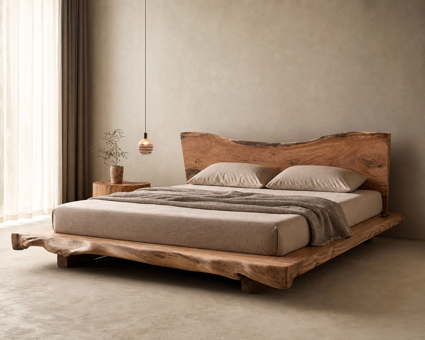 Tadao Solid-Wood Bed Frame, angle view of live-edge headboard and platform
