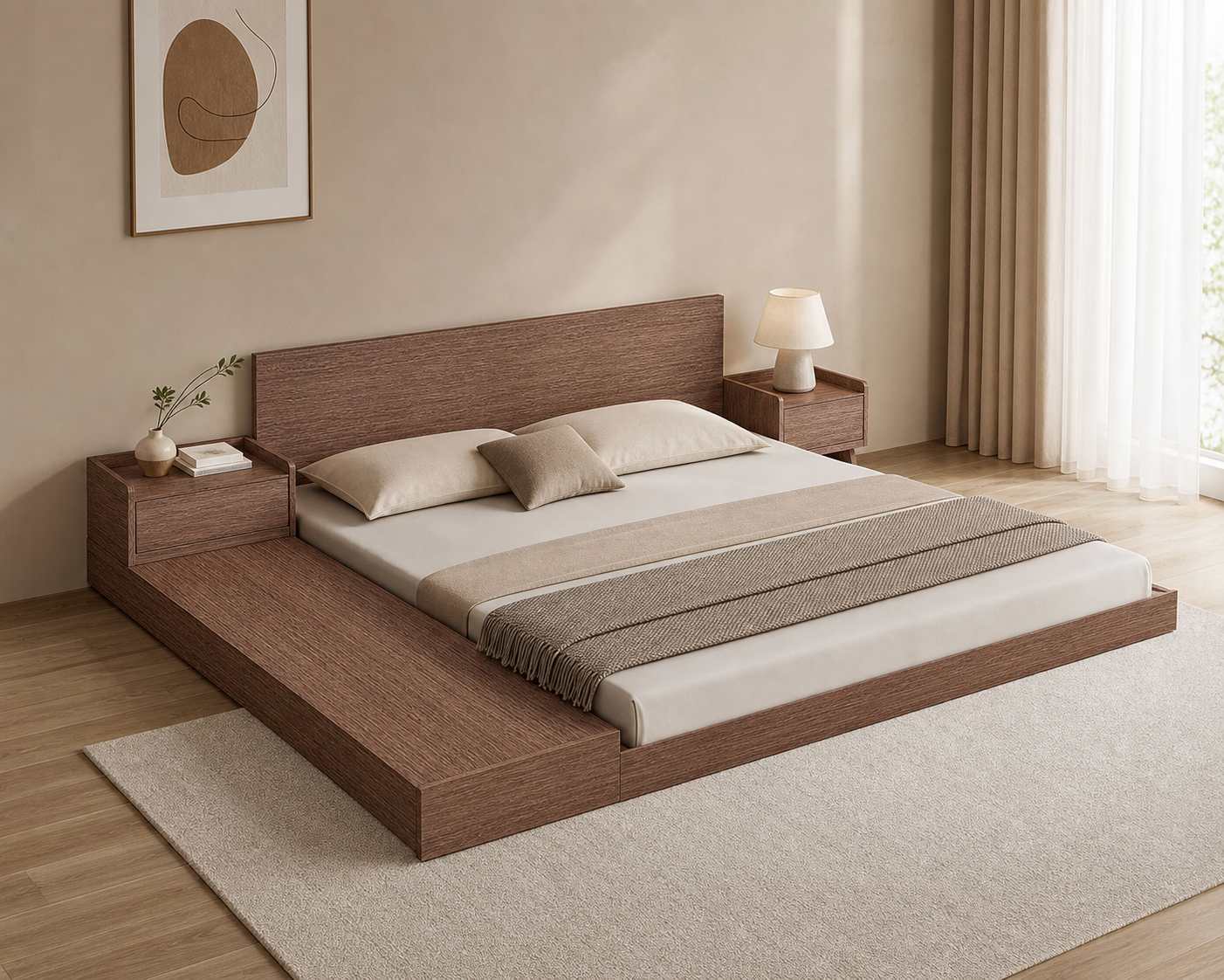 Rei Storage Bed Frame, angle view of wood platform and side ledge