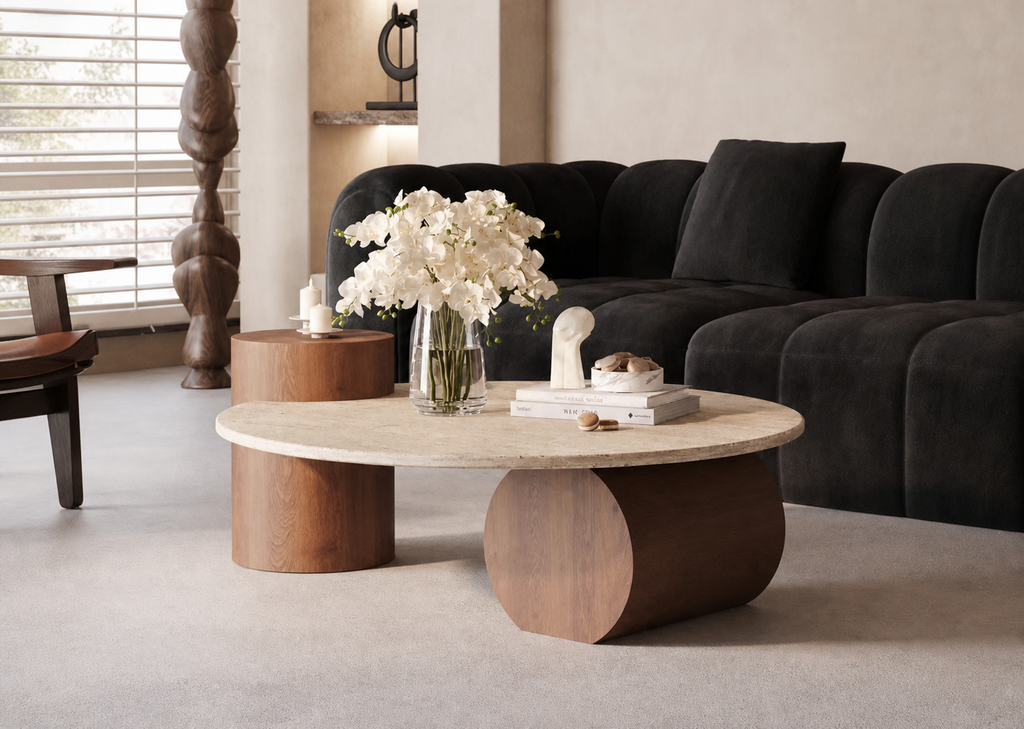 Enso Round Coffee Table, styled living-room view
