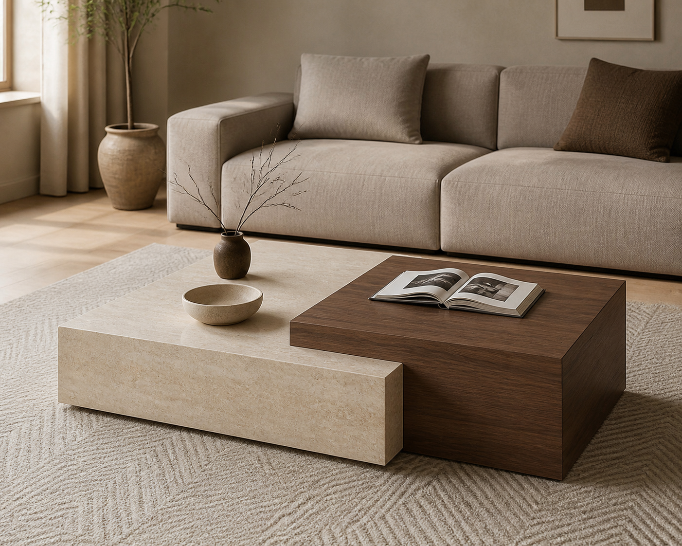 Oda Low Coffee Table, styled living-room view