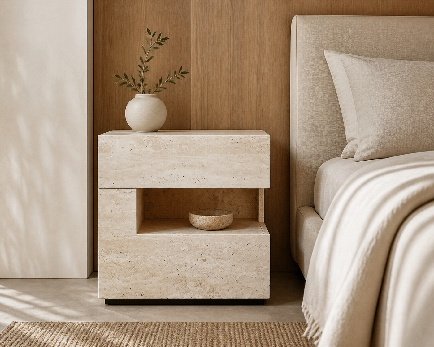 Yuna Storage Bedside Table, styled bedroom view