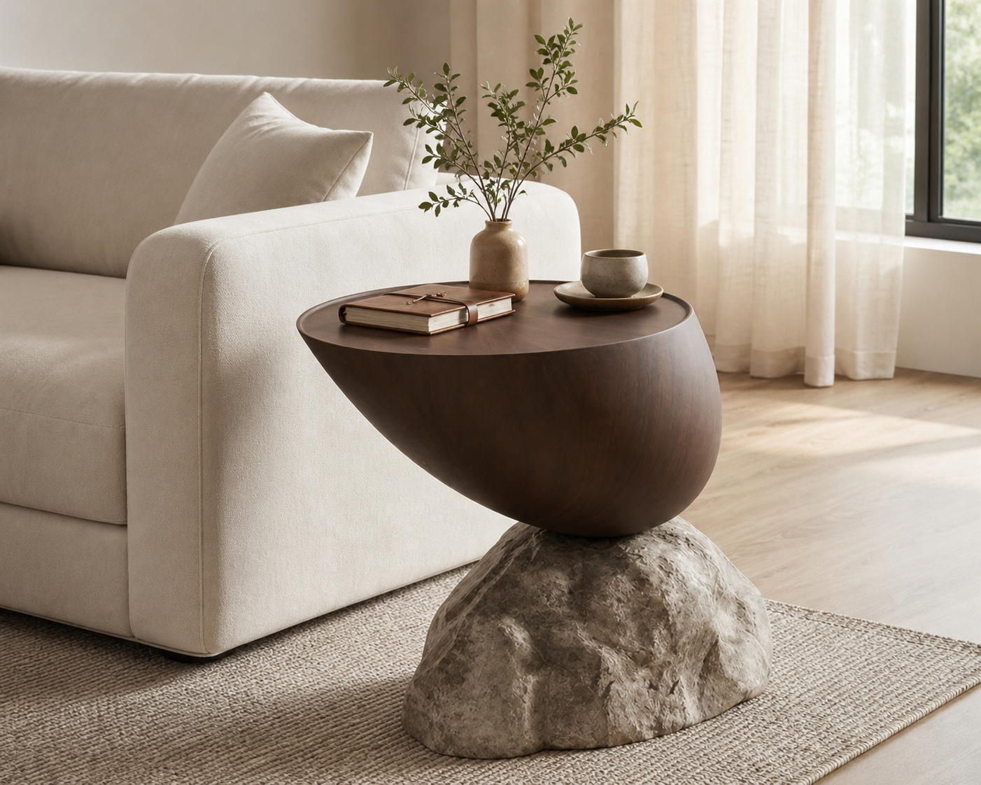 Koji Wood Side Table, styled sofa-side view