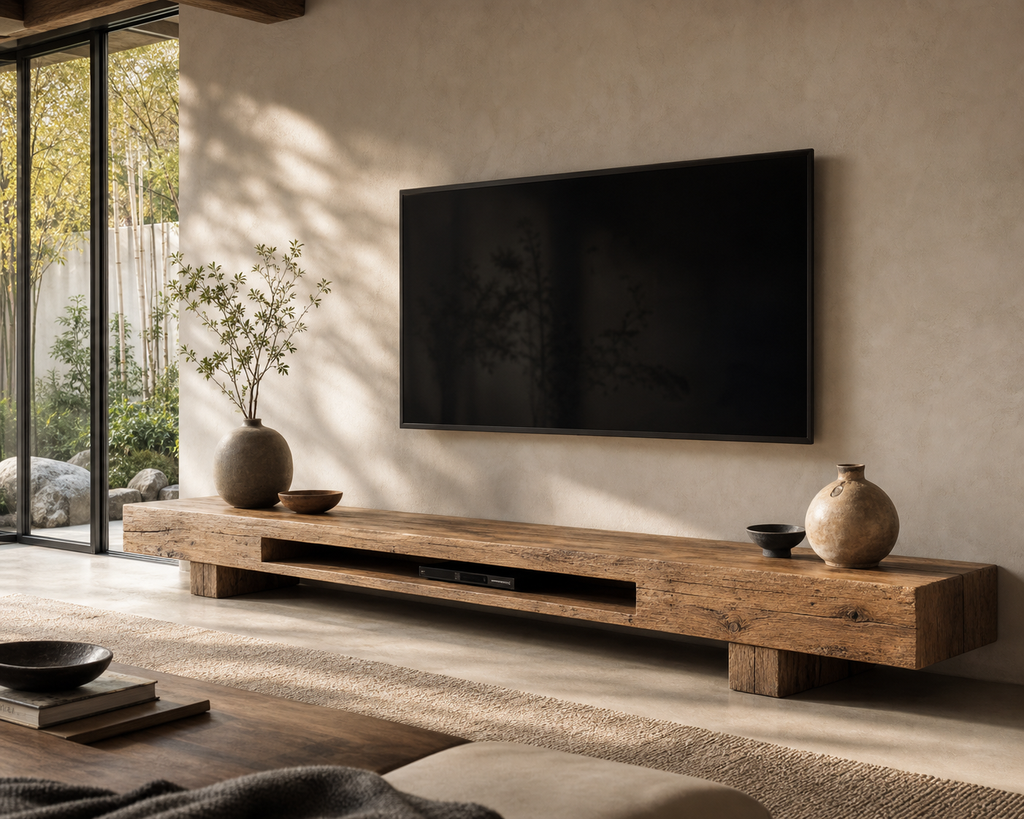 Sumi Narrow TV Stand, styled living-room view