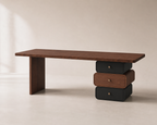 Sen Study Desk, clean product angle showing wood top and stacked storage support
