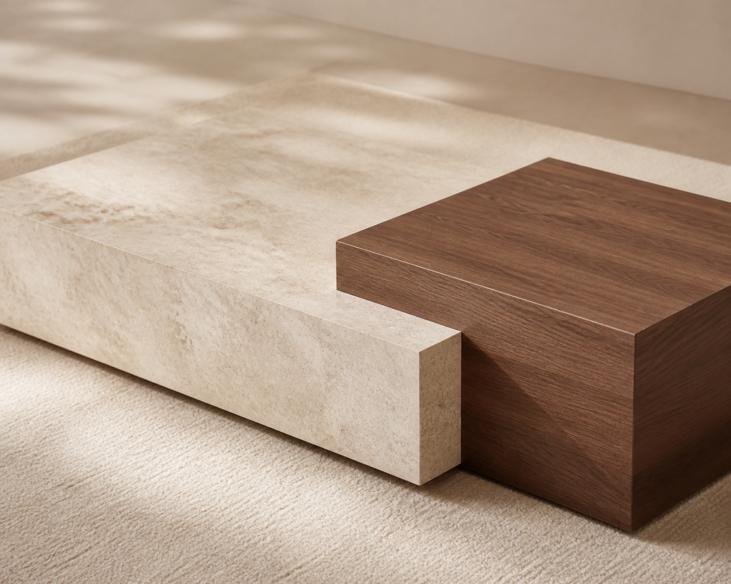 Oda Low Coffee Table, detail view of stone-look and wood block junction