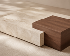 Oda Low Coffee Table, detail view of stone-look and wood block junction