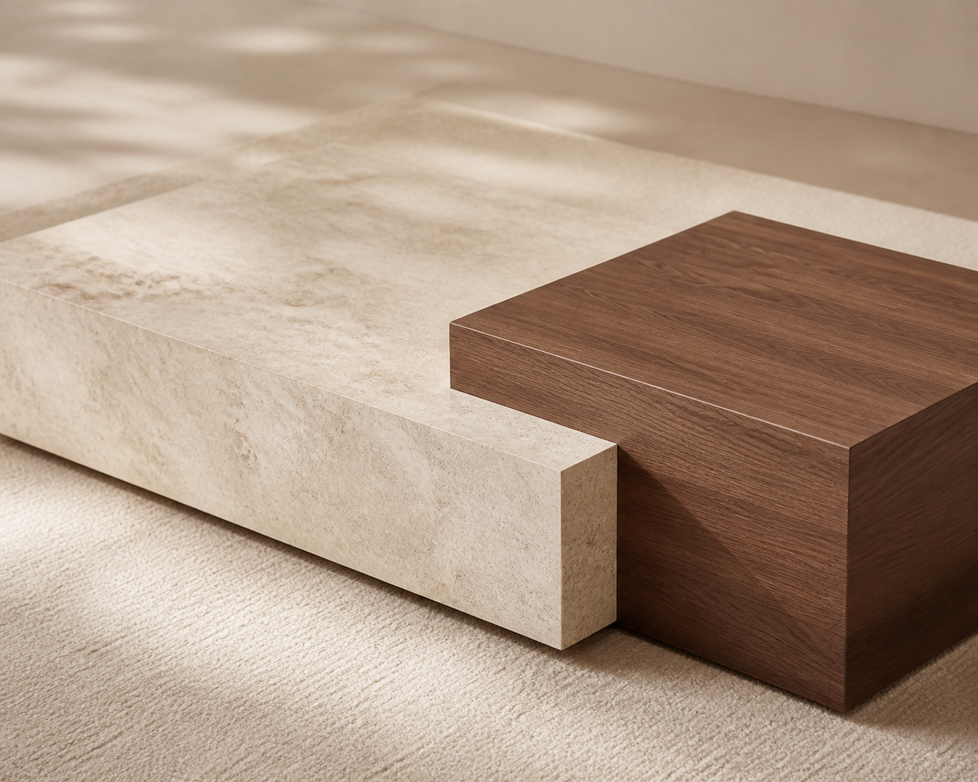 Oda Low Coffee Table, detail view of stone-look and wood block junction