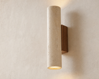 Saho Marble Wall Lamp, close view of stone cylinder and wood bracket