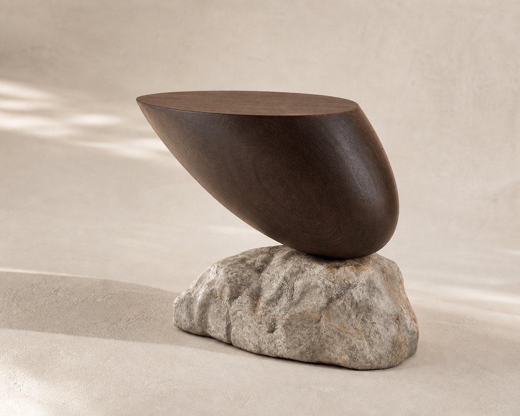 Koji Wood Side Table, detail view of curved wood and stone base