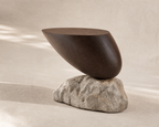 Koji Wood Side Table, detail view of curved wood and stone base