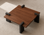 Kaku Square Coffee Table, angled view of wood top and dark block supports