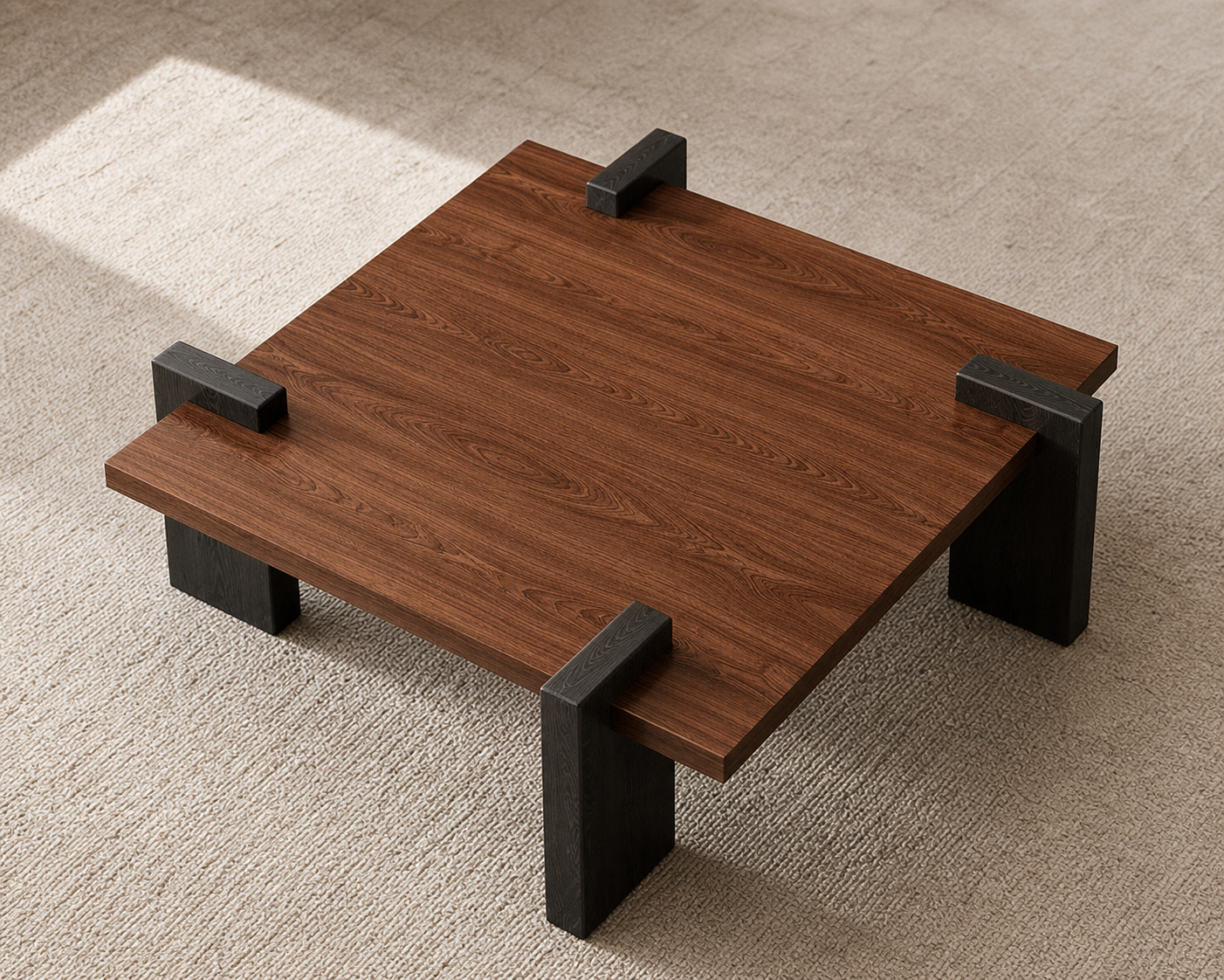Kaku Square Coffee Table, angled view of wood top and dark block supports