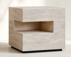 Yuna Storage Bedside Table, close view of open shelf and stone-look texture