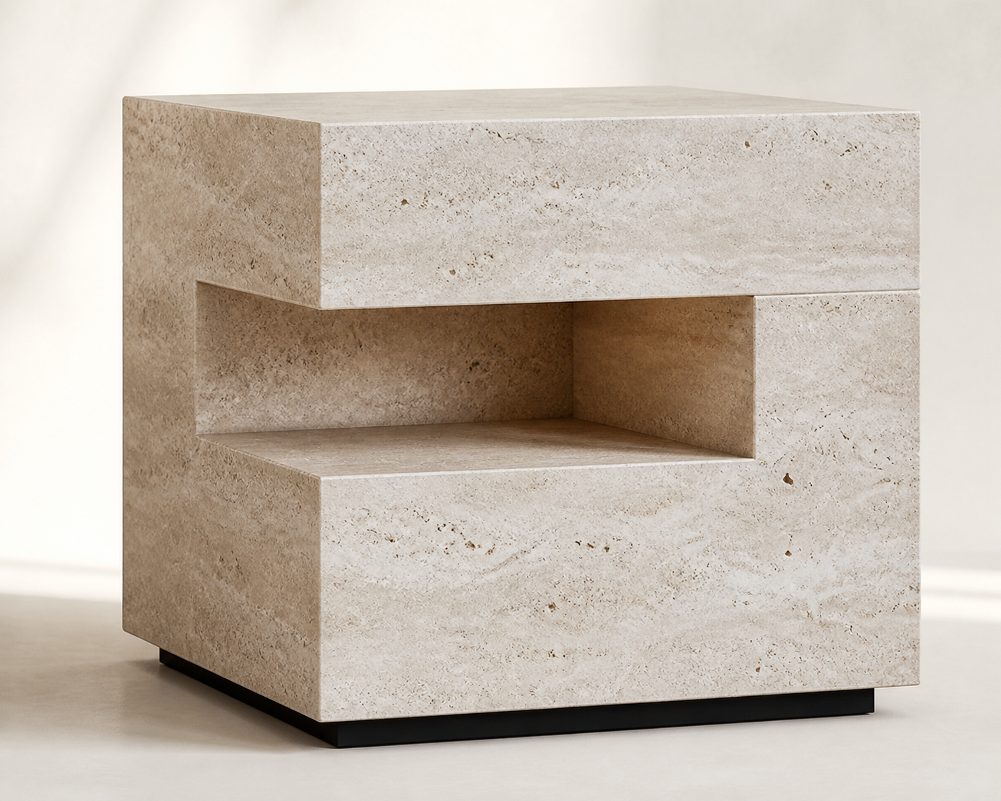 Yuna Storage Bedside Table, close view of open shelf and stone-look texture
