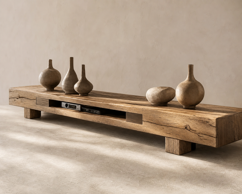 Sumi Narrow TV Stand, detail view of the open bay and timber grain
