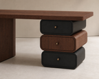 Sen Study Desk, close view of rounded drawer stack and wood tabletop