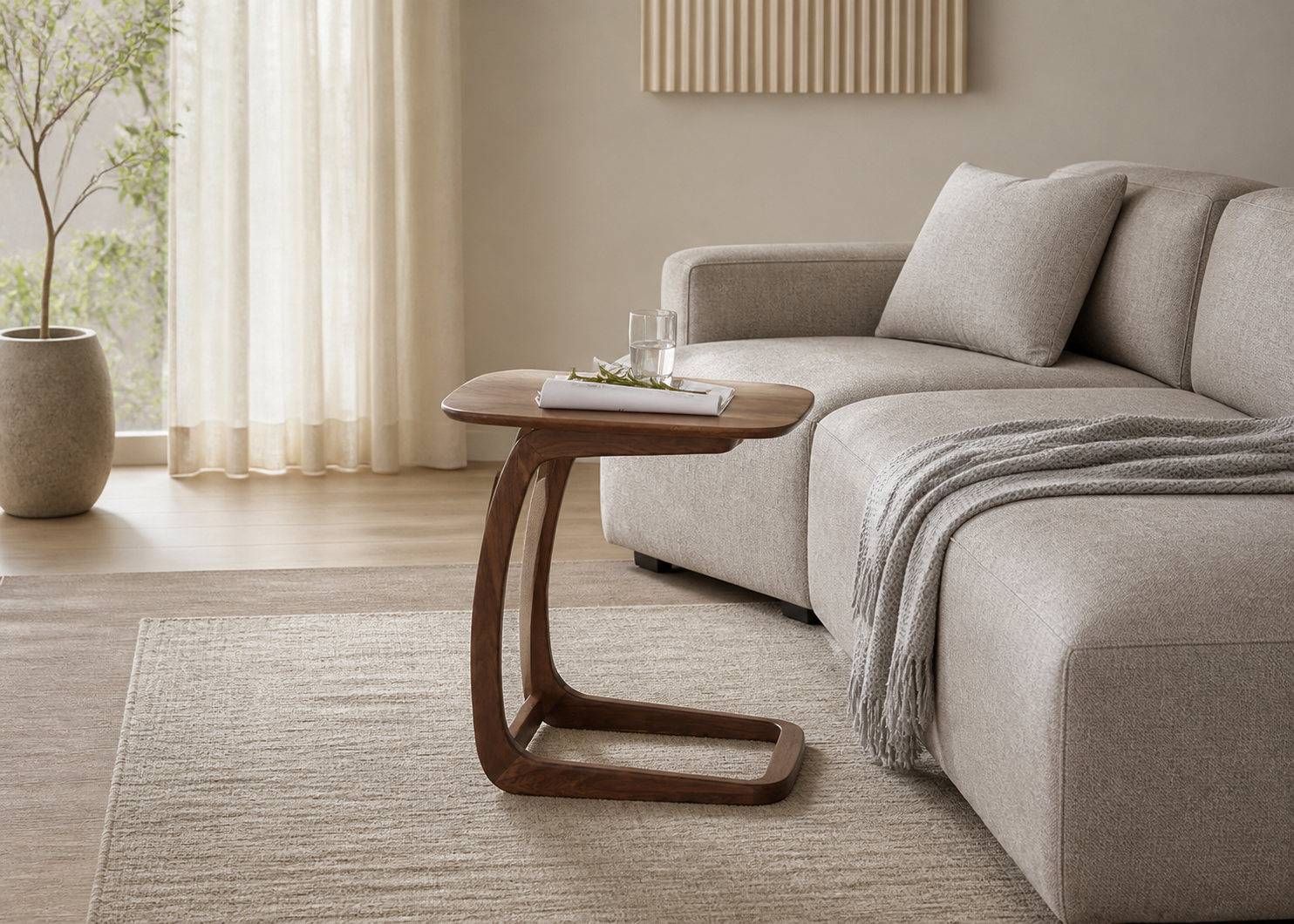 Rin C-Shaped Side Table, styled living-room view