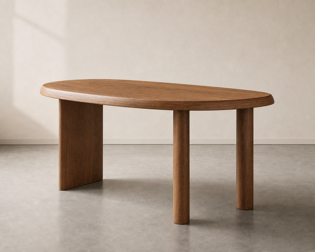 Taka Study Desk, angle view showing the asymmetrical supports