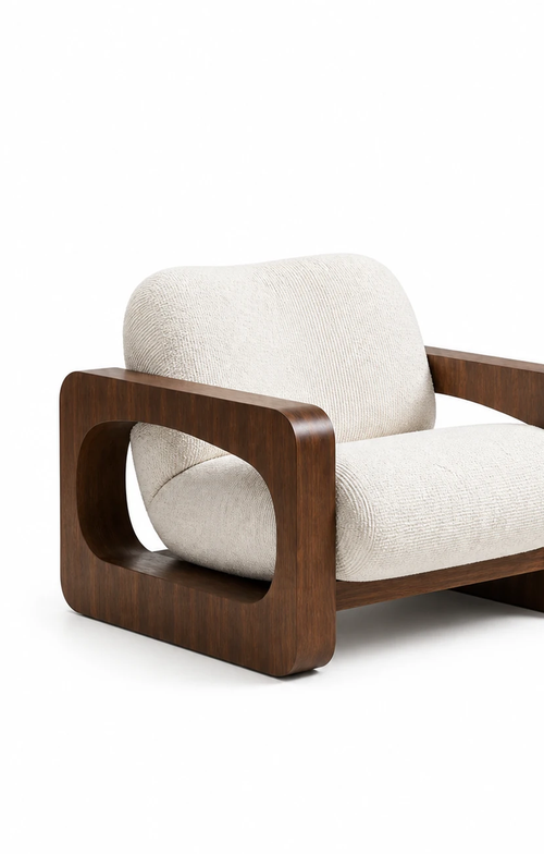 Aki Curved Wood Lounge Chair, clean three-quarter view