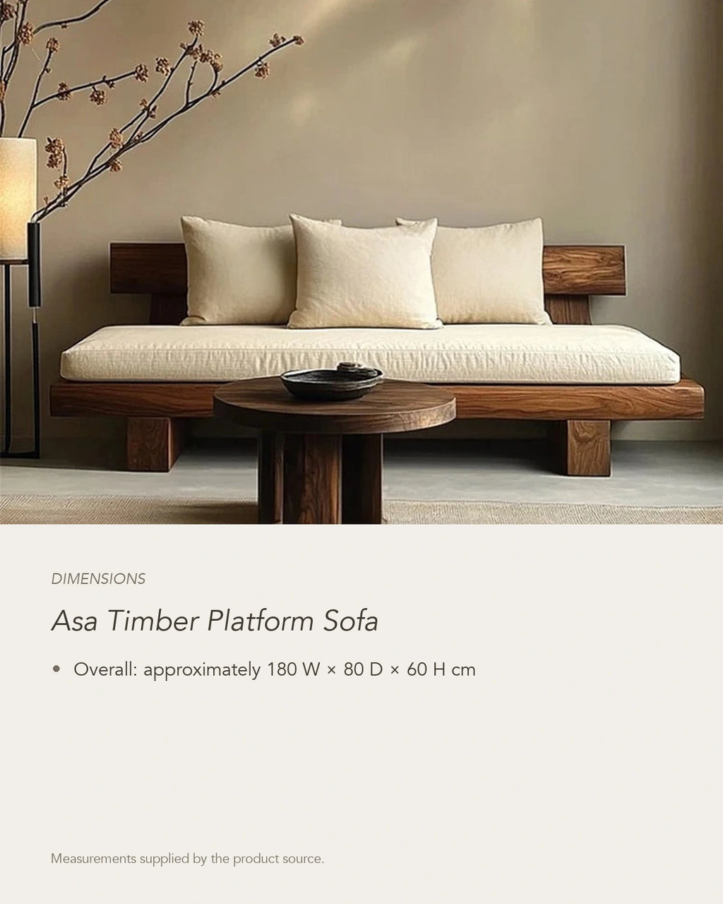 Asa Timber Platform Sofa, dimensions in centimetres