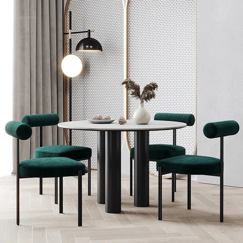 Emi Three-Leg Dining Chair, green chairs around a dining table