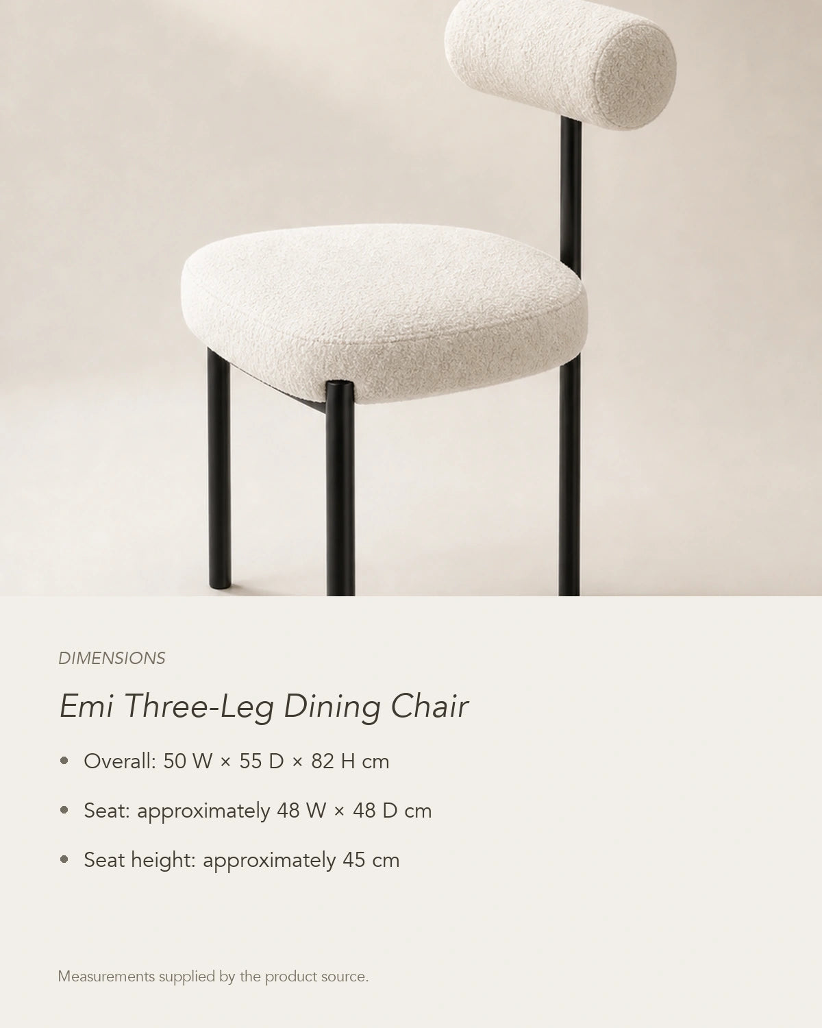 Emi Three-Leg Dining Chair, dimensions in centimetres
