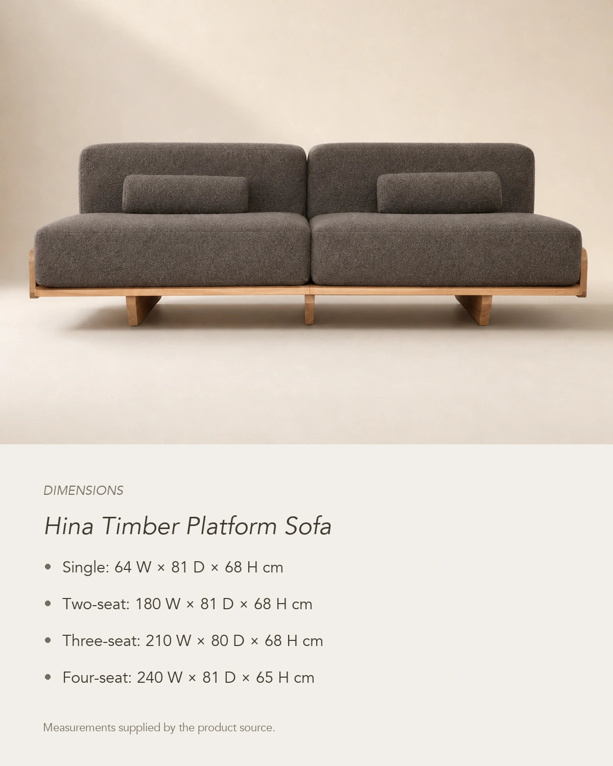 Hina Timber Platform Sofa, dimensions in centimetres