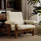 Kei Wood-Frame Lounge Chair, cream seat and floating arm detail
