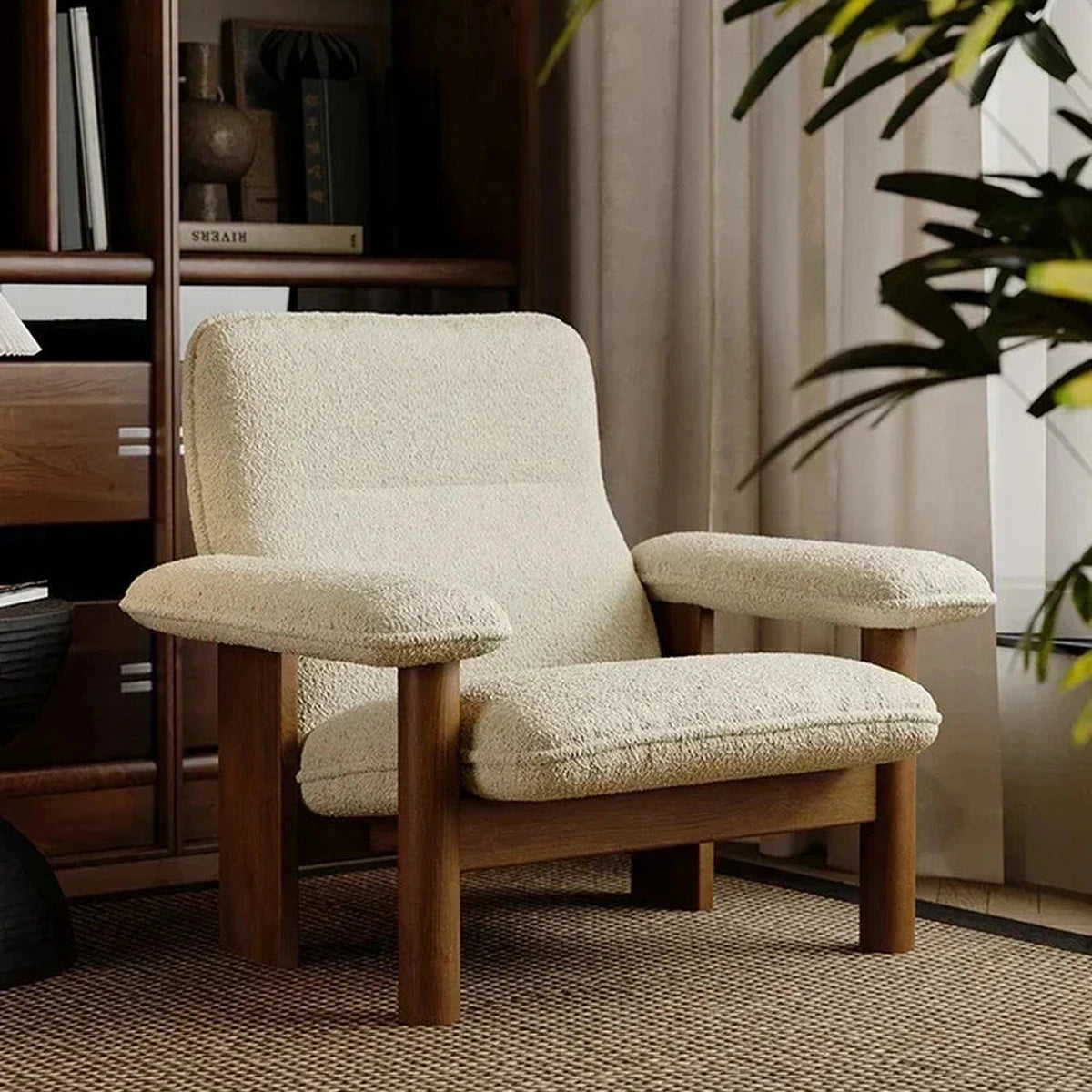 Kei Wood-Frame Lounge Chair, cream seat and floating arm detail
