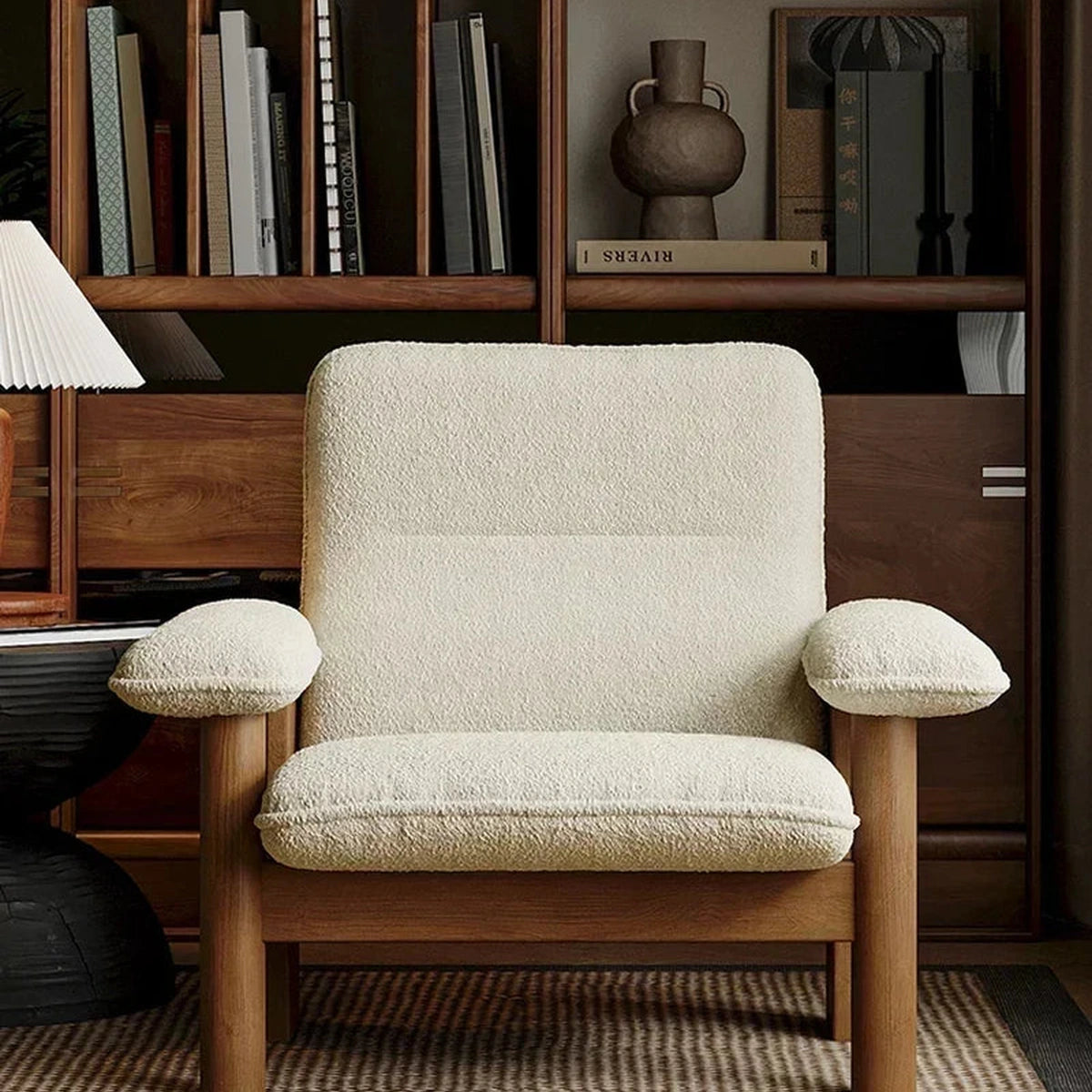 Kei Wood-Frame Lounge Chair, cream back cushion and timber frame