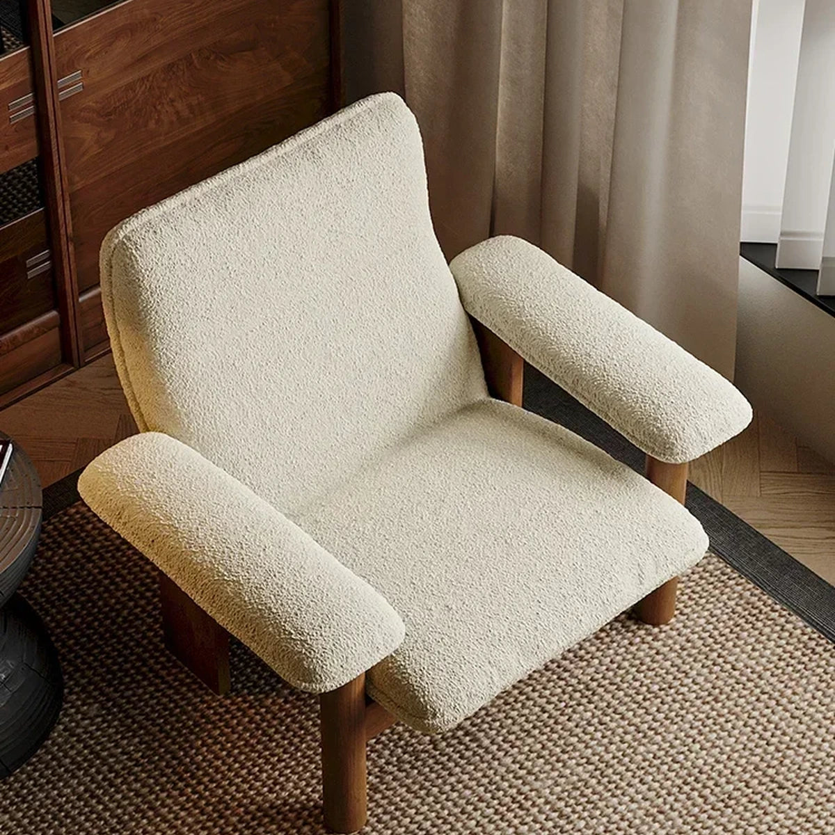 Kei Wood-Frame Lounge Chair, seat and arm construction close-up