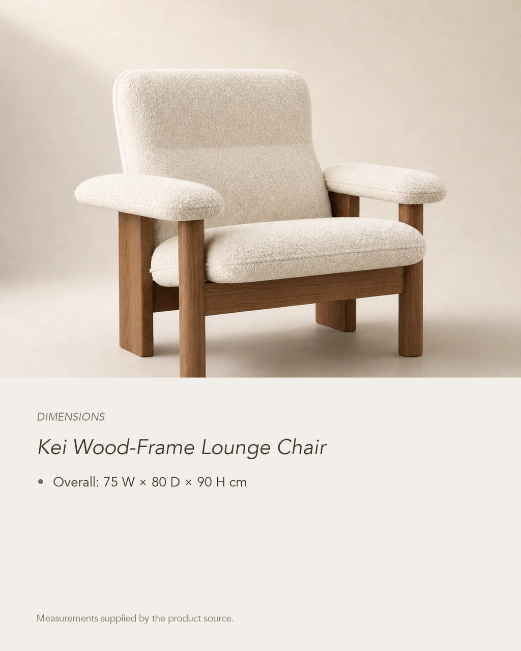 Kei Wood-Frame Lounge Chair, dimensions in centimetres