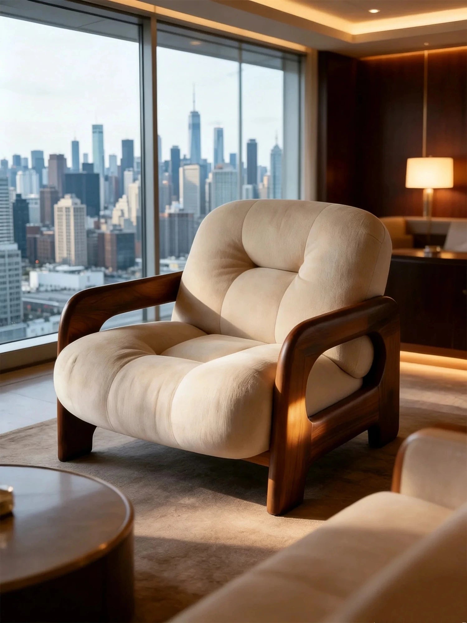 Kumo Wood-Frame Lounge Chair, chair in a city apartment