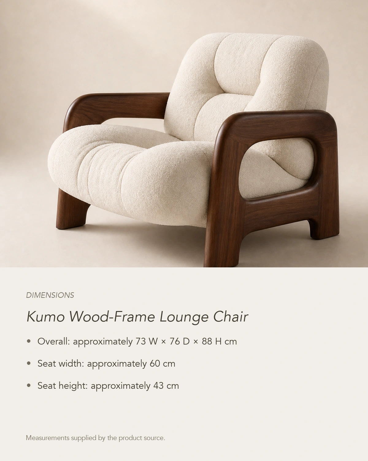 Kumo Wood-Frame Lounge Chair, dimensions in centimetres