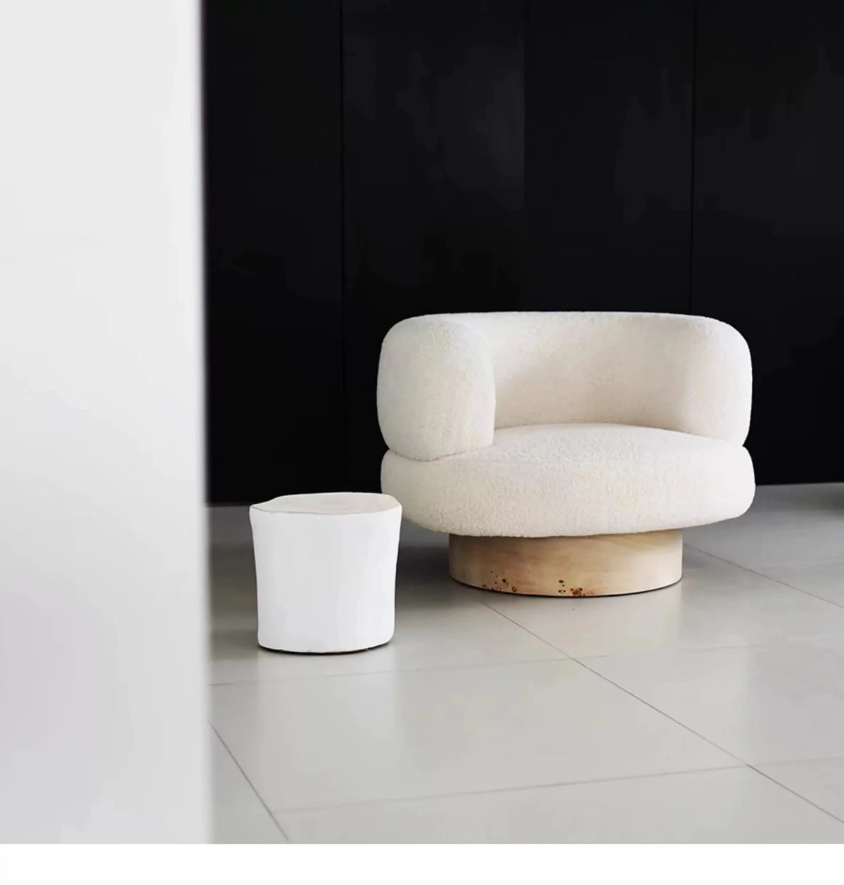 Mizu Swivel Lounge Chair, rice white in a minimal interior