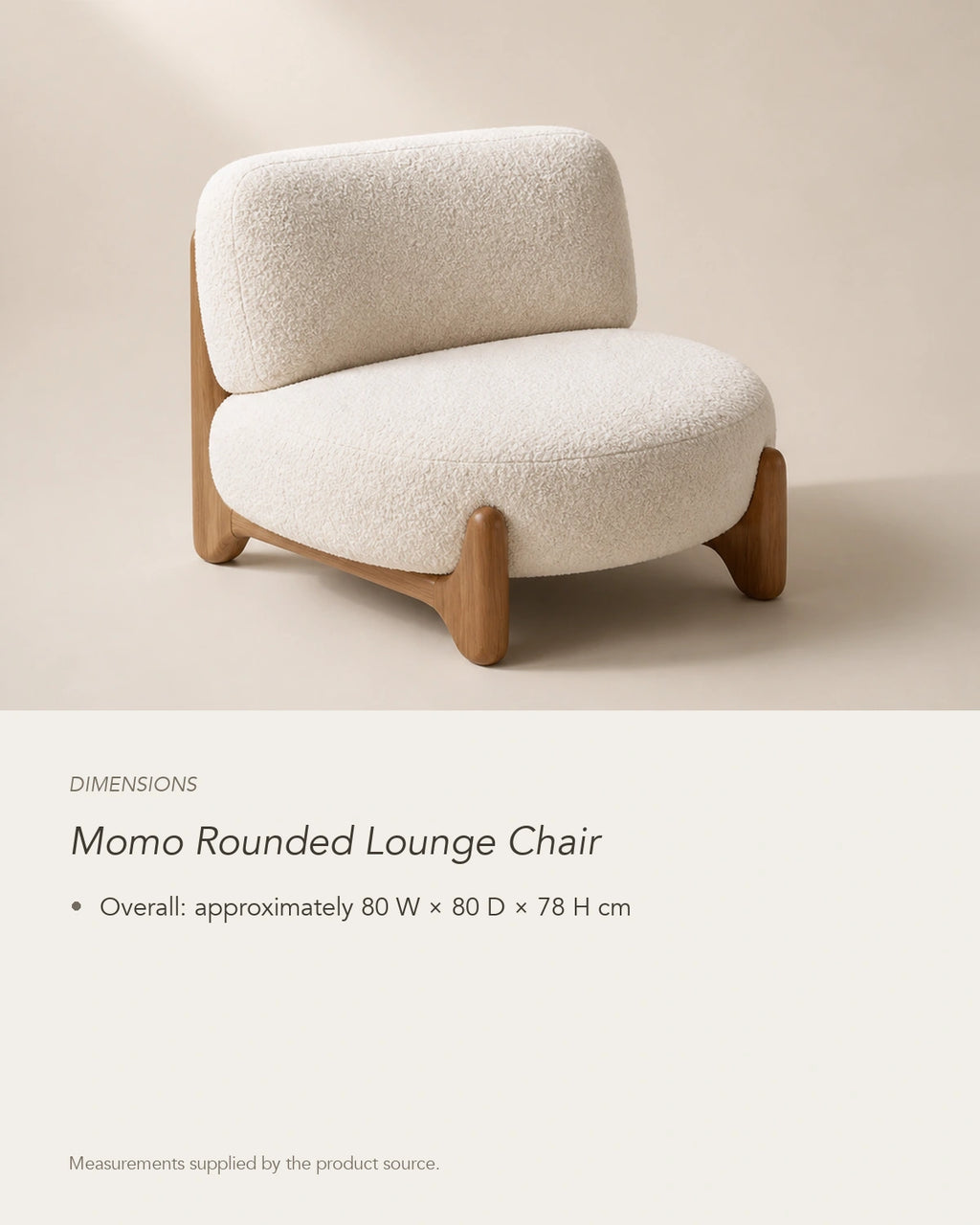 Momo Rounded Lounge Chair, dimensions in centimetres