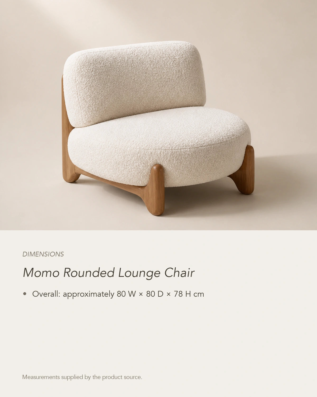 Momo Rounded Lounge Chair, dimensions in centimetres