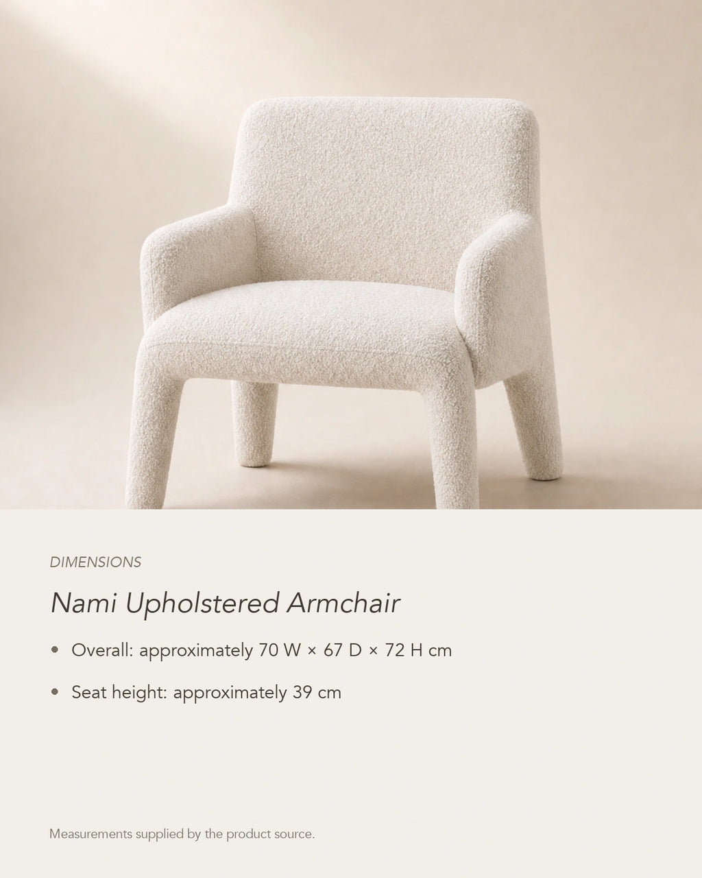 Nami Upholstered Armchair, dimensions in centimetres