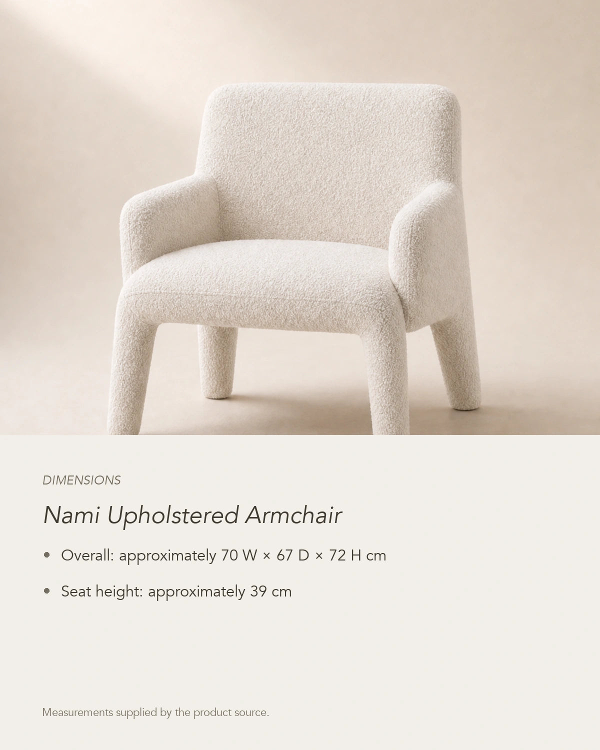 Nami Upholstered Armchair, dimensions in centimetres