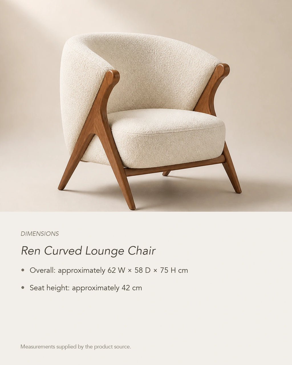 Ren Curved Lounge Chair, dimensions in centimetres