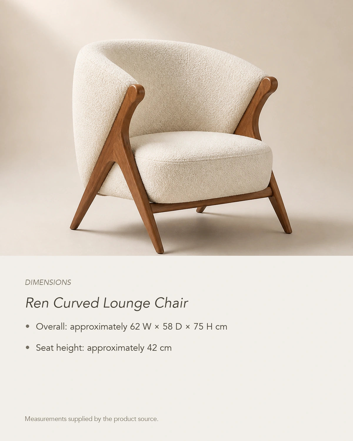 Ren Curved Lounge Chair, dimensions in centimetres