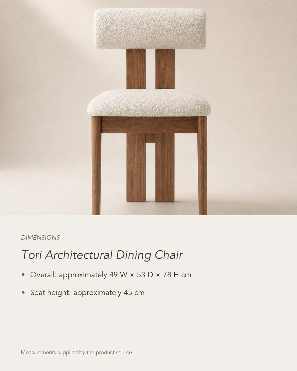 Tori Architectural Dining Chair, dimensions in centimetres