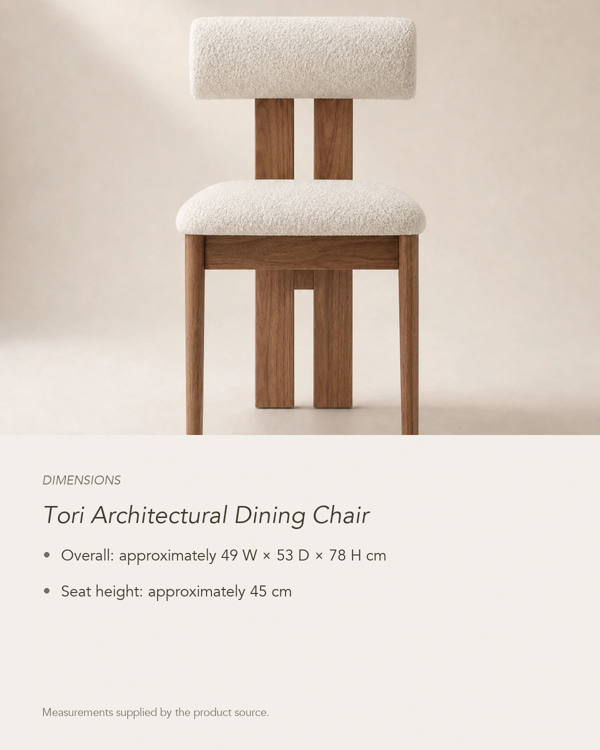 Tori Architectural Dining Chair, dimensions in centimetres